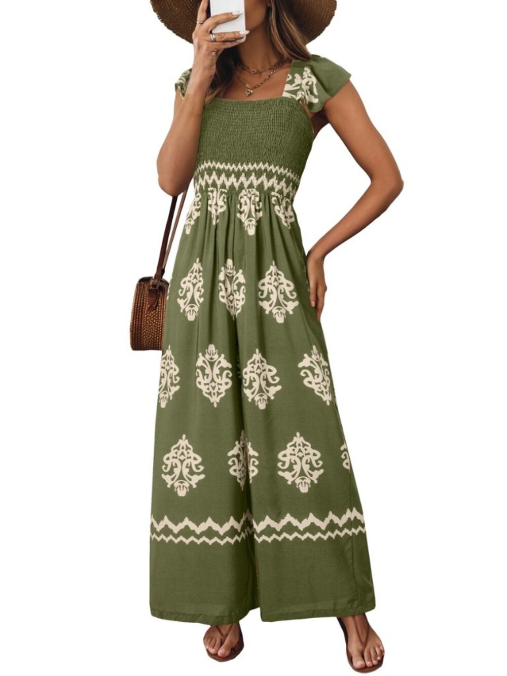 Womens Summer Jumpsuits Printed Square Neck High Waisted Pockets Wide Leg